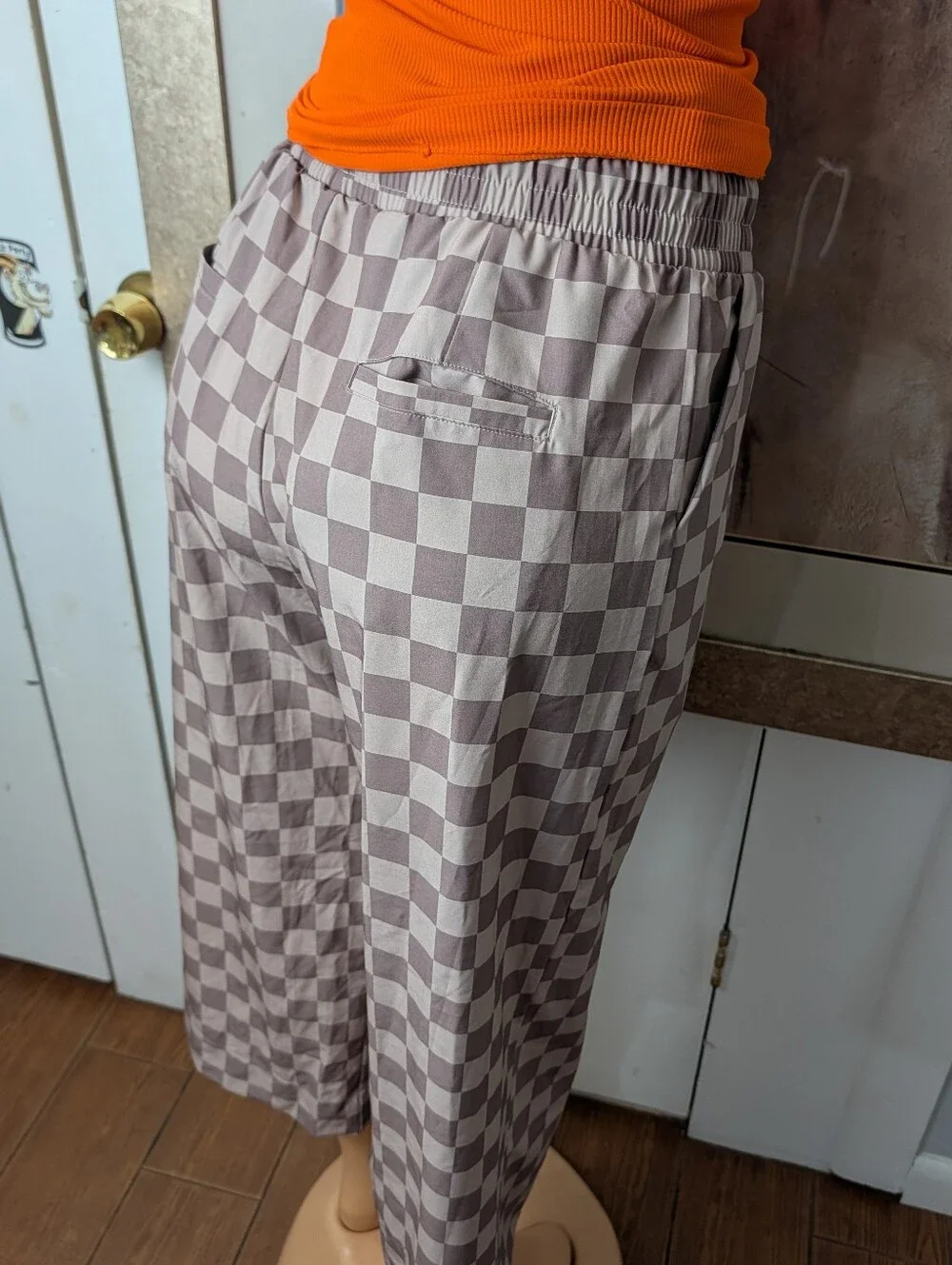 NWT Albion Fit Audrey  Brown Checkers Plaid Wide Leg Trousers Size S/P
